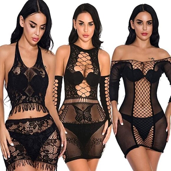 BUNDLE of Sexy Black Fishnet Dress Tops Camisole Babydoll Lingerie Chemise NWT - Picture 1 of 7